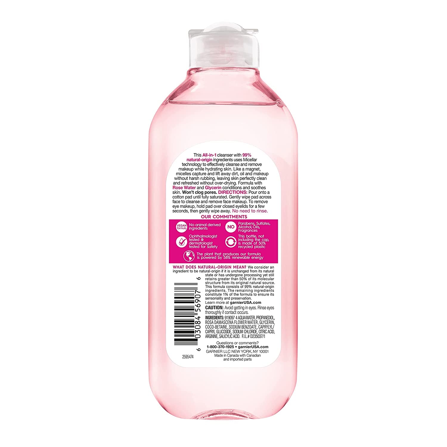 Garnier Micellar Water with Rose Water and Glycerin, Hydrating Facial Cleanser & Makeup Remover, for All Skin Types, Vegan, Cruelty Free, 13.5 Fl Oz (400Ml), 1 Count