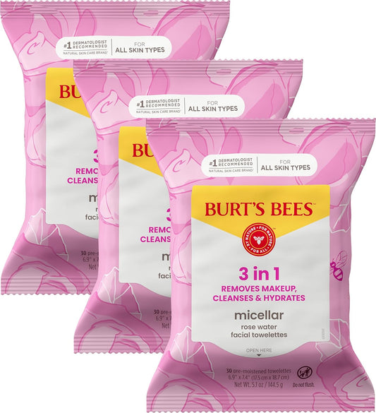 Stocking Stuffers, Rose Water Face Wipes, for All Skin Types, Hydrating Micellar Makeup Remover & Facial Cleansing Towelettes, Skin Care Christmas Gifts, 30 Ct (3-Pack)